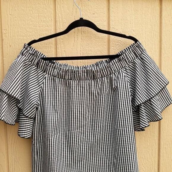 Picnic Gingham Plaid Off The Shoulder Tiered Ruffle Statement Sleeve Top Sz XL - Picture 7 of 11
